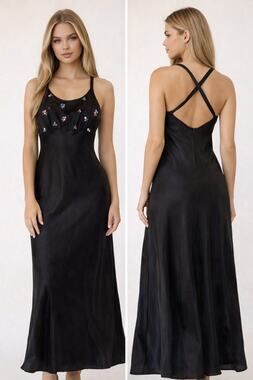 Rampage Vintage Black Satin Prom Maxi Dress Floral Embroidery Cross Back Gown 5